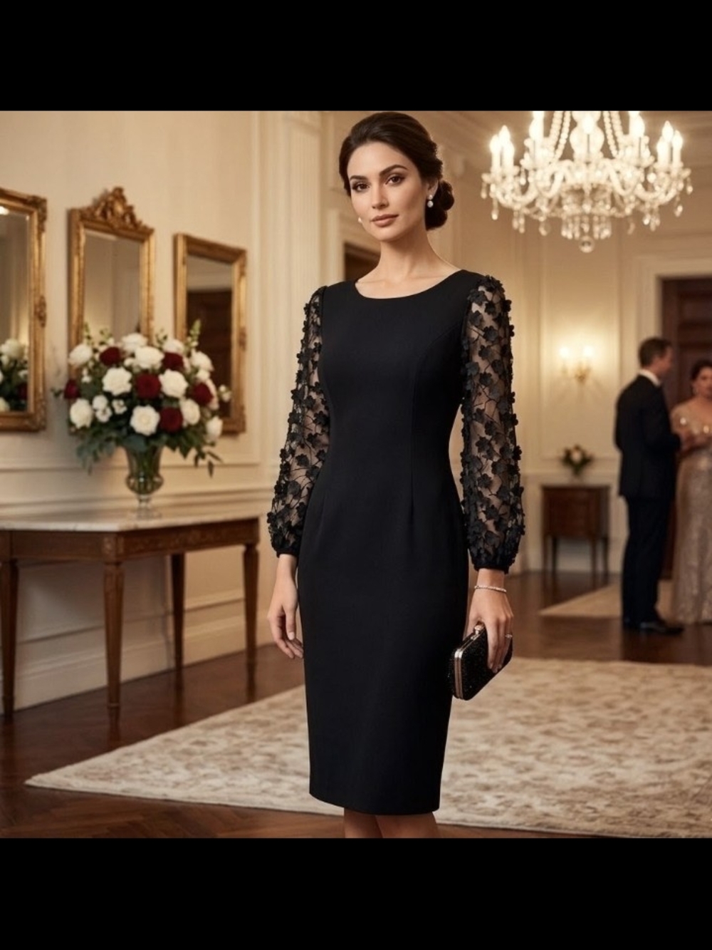 Connected Apparel Sheer-Sleeve Appliqué Sheath Dress